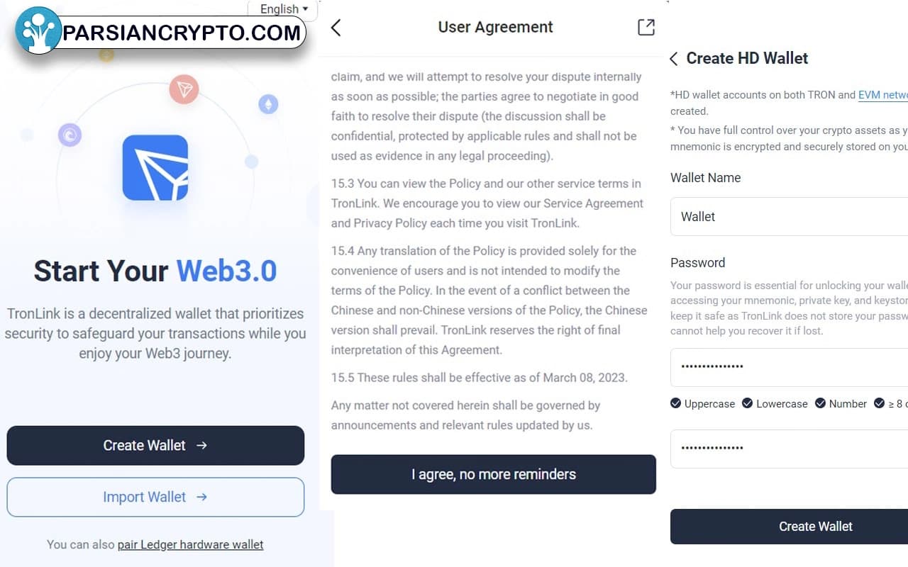 ایجاد کیف پول جدید در TronLink
