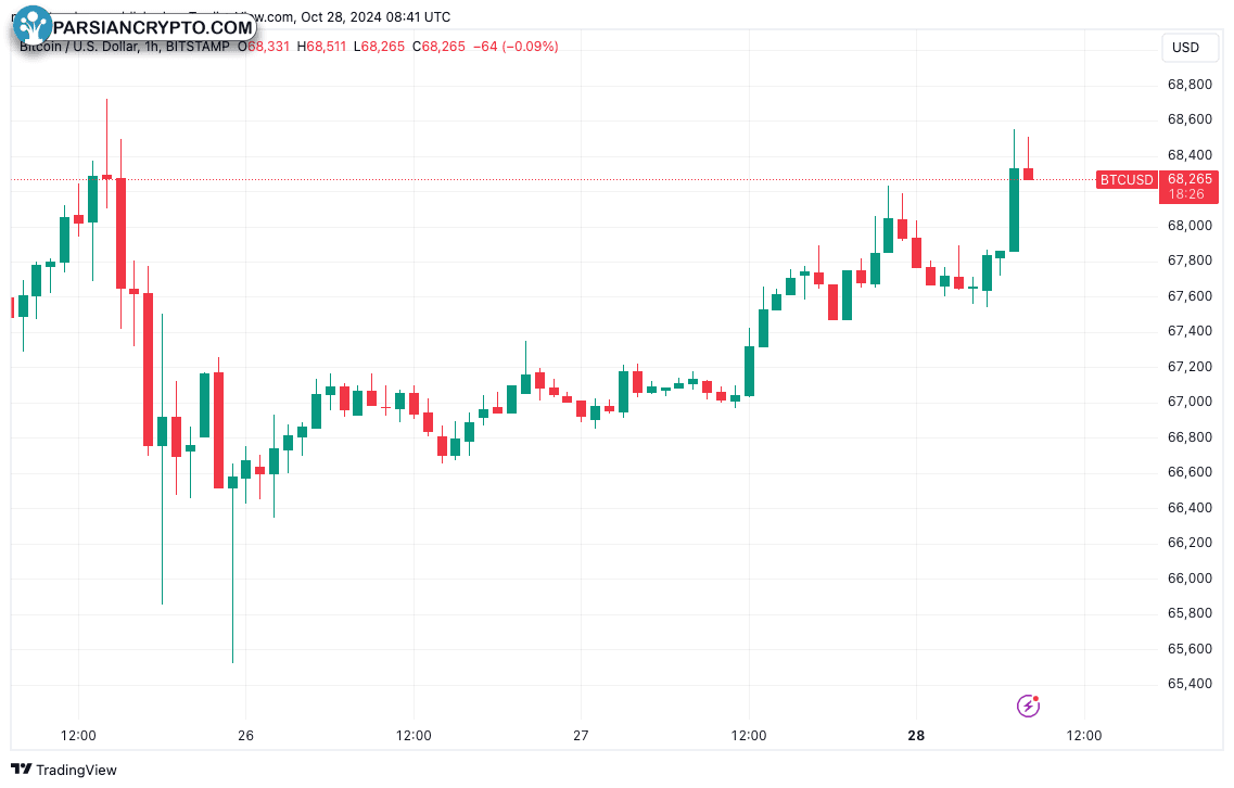 نمودار یک ساعته BTC/USD در بازار ارز دیجیتال