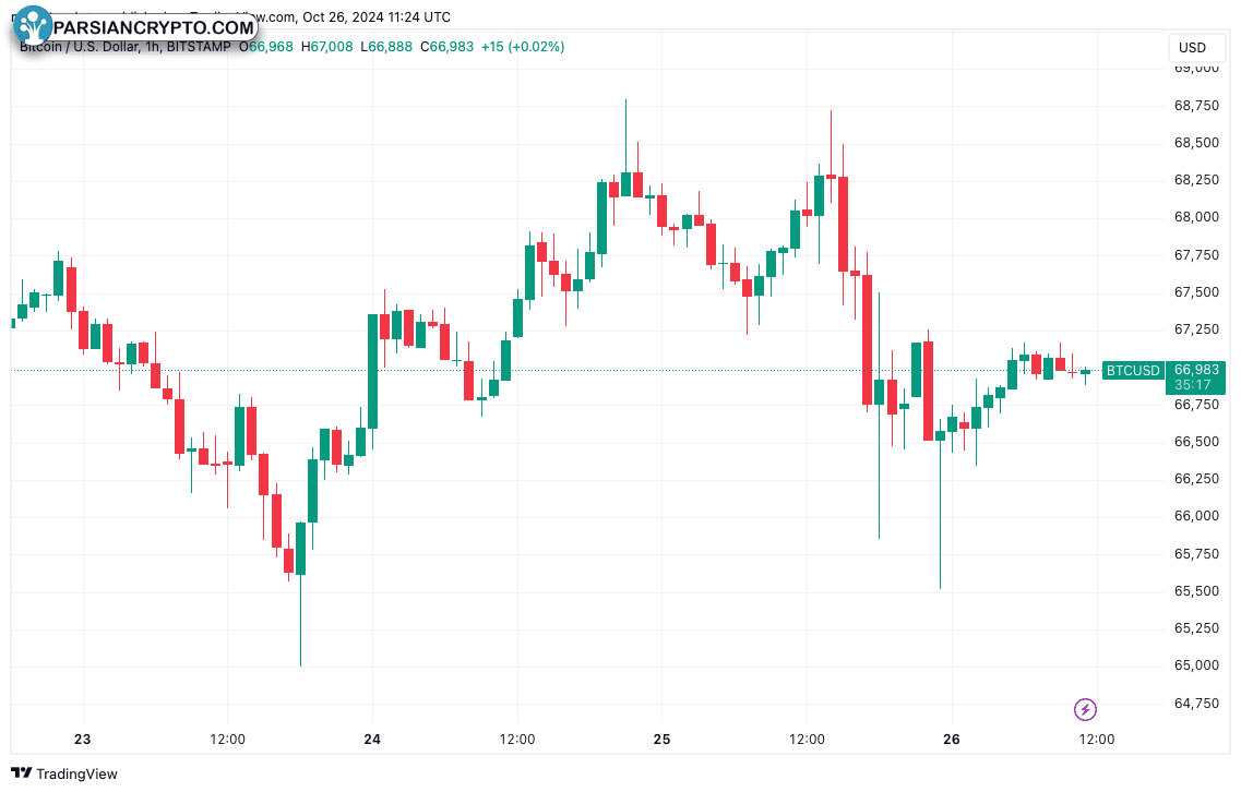 نمودار یک ساعته BTC/USD در بازار ارز دیجیتال