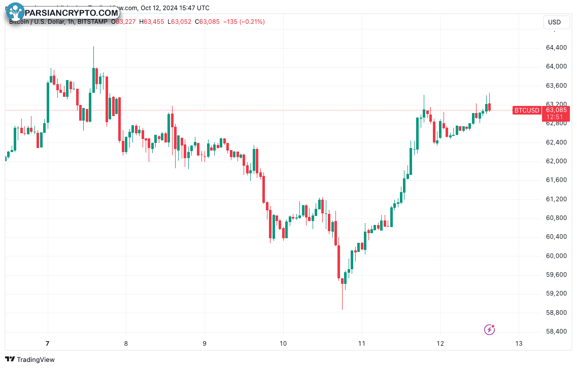 نمودار یک ساعته BTC/USD در بازار ارز دیجیتال