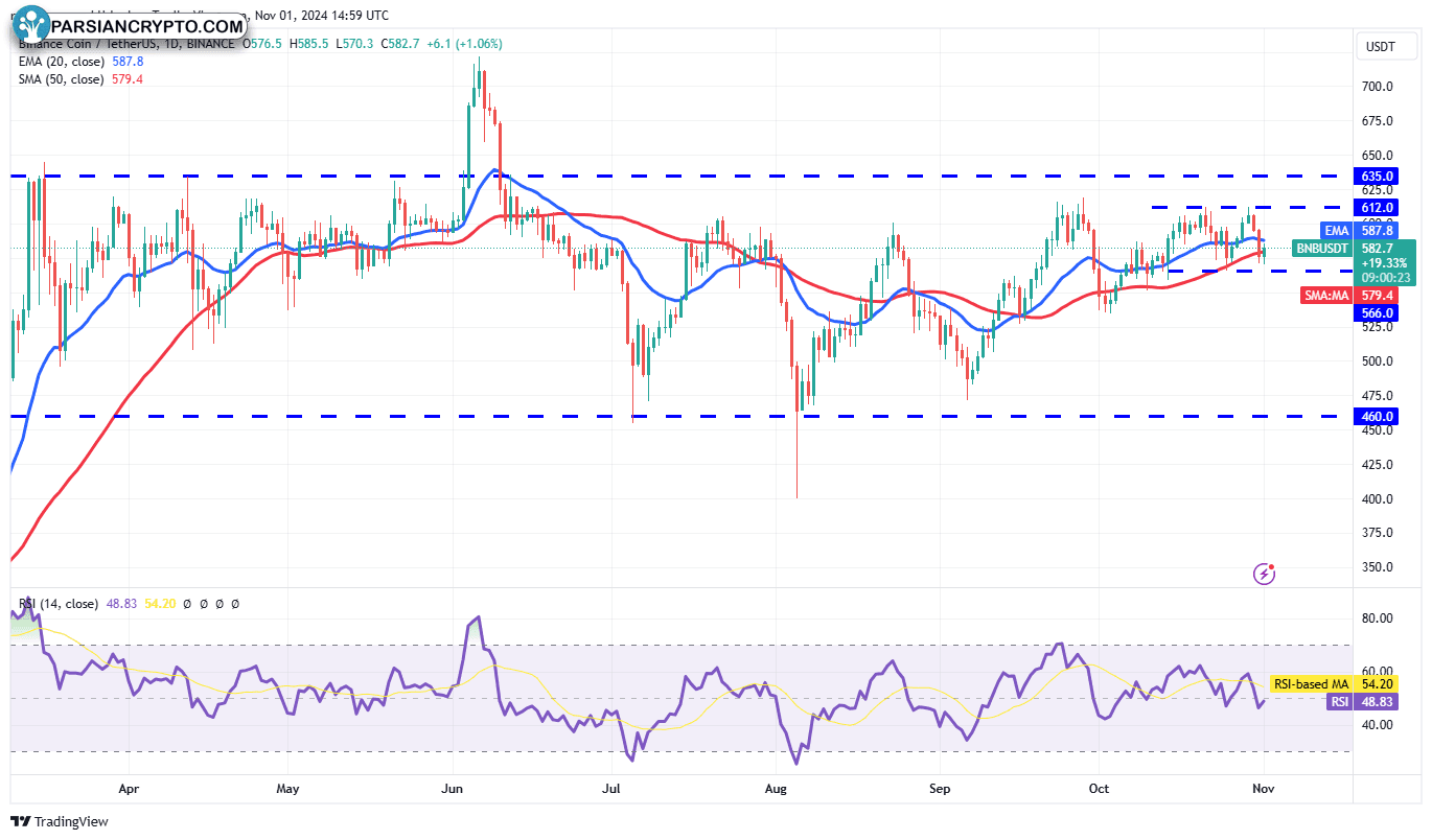 نمودار روزانه BNB/USDT در بازار ارز دیجیتال