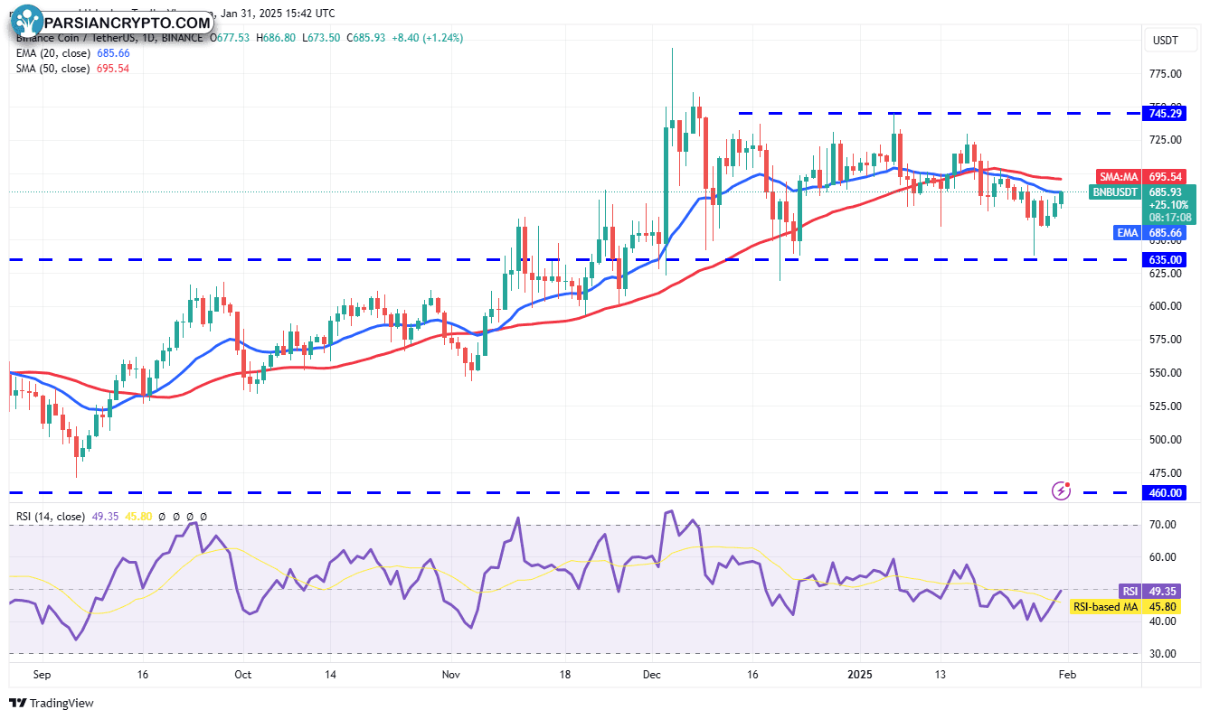نمودار روزانه BNB/USDT در بازار ارز دیجیتال
