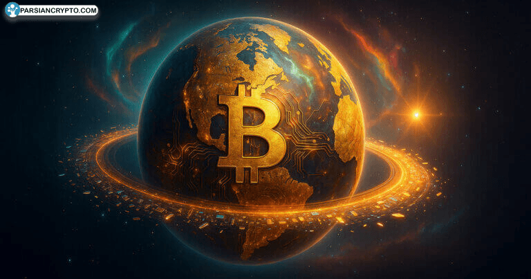 سیاره بیت کوین با قاره‌های طلایی و نورهای زیبا