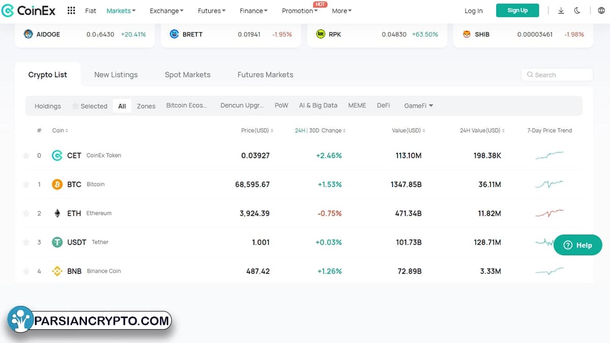 منوی بالای لیست ارزهای دیجیتال با گزینههای مختلف قابل شخصیسازی است
