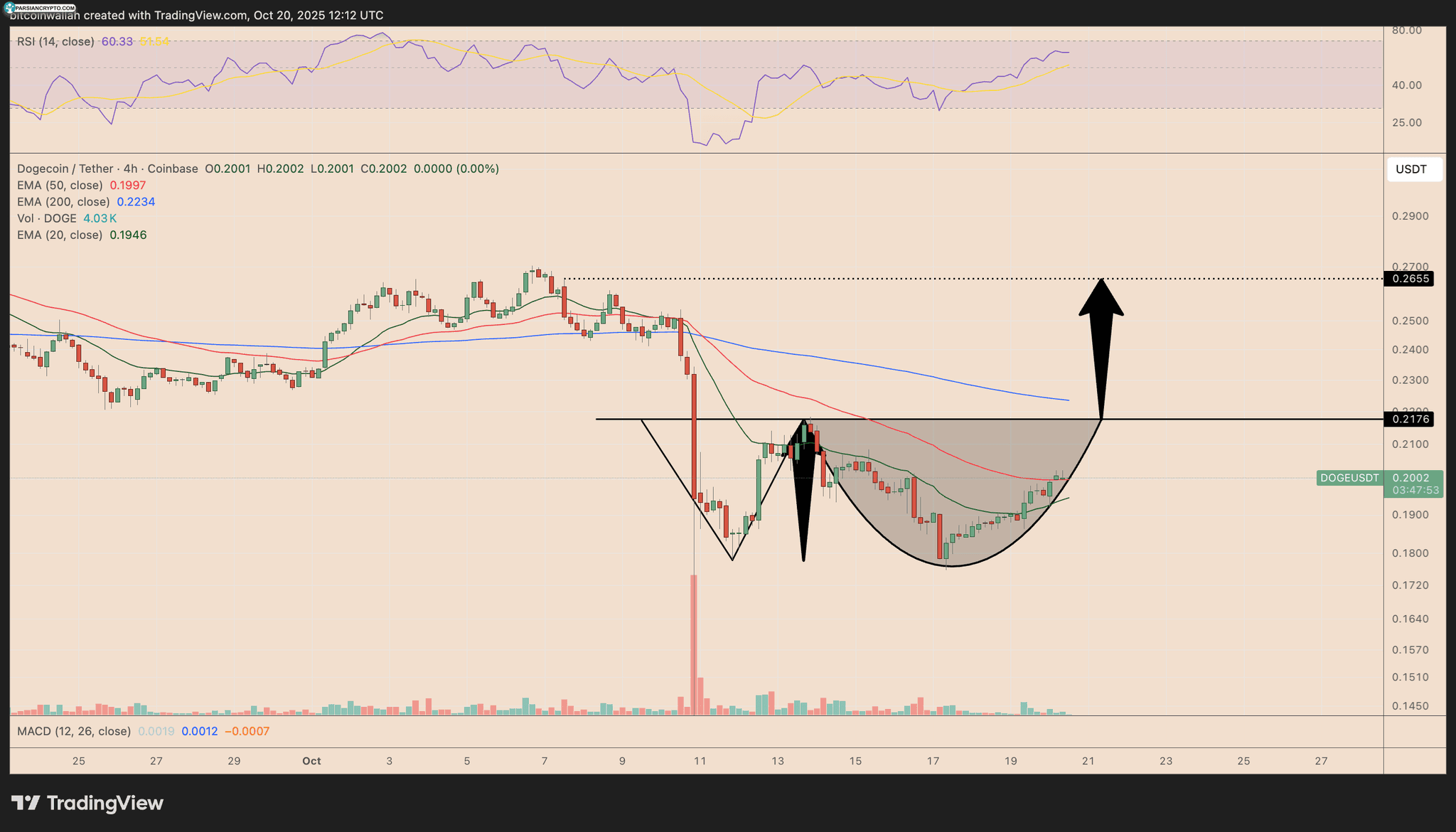 نمودار قیمت DOGE/USDT در چهار ساعت